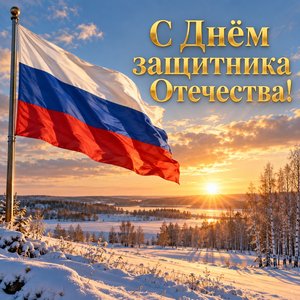 Открытка «С Днём защитника Отечества!» с флагом над зимним полем
