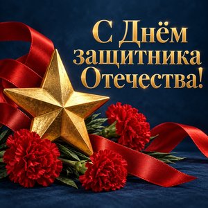 Открытка «С Днём защитника Отечества!» с золотой звездой и гвоздиками