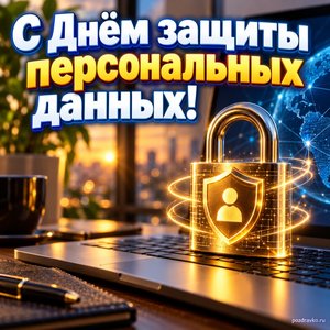 Открытка «С Днём защиты персональных данных!» с замком над ноутбуком