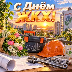 Открытка «С Днём ЖКХ!» с инструментами и цветами