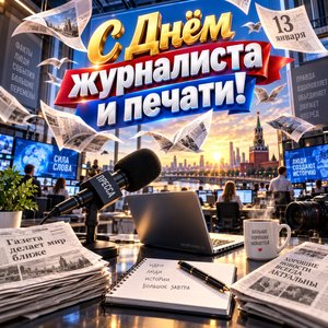 Открытка «С Днём журналиста и печати!» с микрофоном и газетами