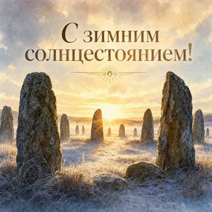 Открытка с Днём зимнего солнцестояния с каменным кругом на рассвете