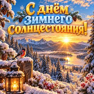 Открытка «С днём зимнего солнцестояния!» с солнцем в зимнем лесу