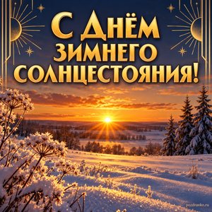 Открытка «С Днём зимнего солнцестояния!» с закатом в поле