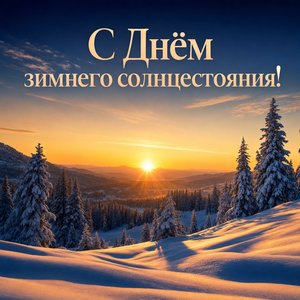 Открытка с Днём зимнего солнцестояния с зимним солнцем над лесом