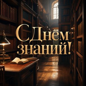 Открытка с Днём знаний с библиотекой и книгами