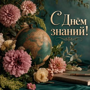 Открытка с Днём знаний с глобусом и георгинами