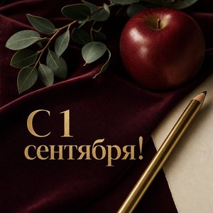 Открытка с Днём знаний с красным яблоком и золотым карандашом