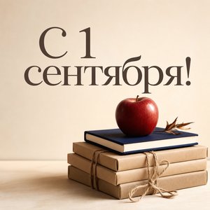 Открытка с Днём знаний с учебниками и красным яблоком