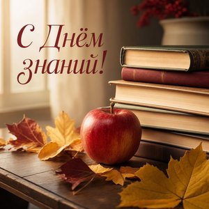 Открытка с Днём знаний с учебниками и яблоком