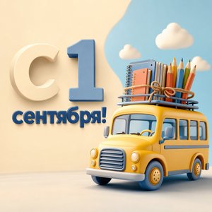 Открытка с Днём знаний со школьным автобусом и карандашами