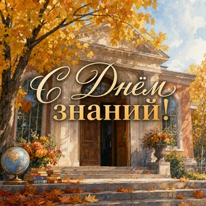 Открытка с Днём знаний со школой и осенними деревьями