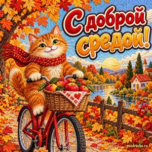 Открытка «С доброй средой!» с котом на велосипеде