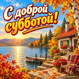 Открытка «С доброй субботой!» с домиком у озера