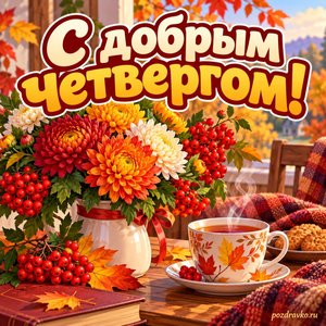 Открытка «С добрым четвергом!» с хризантемами и рябиной