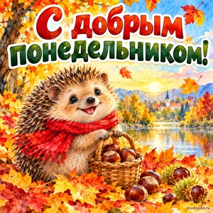 Открытка «С добрым понедельником!» с ёжиком и каштанами