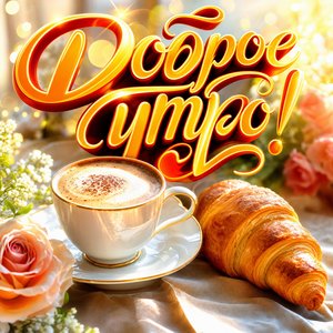 Открытка доброе утро с чашкой кофе и круассаном