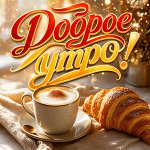 Открытка доброе утро с чашкой кофе и круассаном