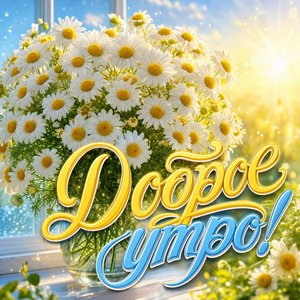 Открытка доброе утро с букетом ромашек у окна
