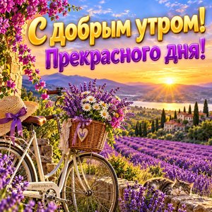 Открытка «С добрым утром! Прекрасного дня!» с лавандовым полем и велосипедом