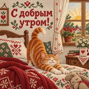 Открытка «С добрым утром!» с котом на пледе