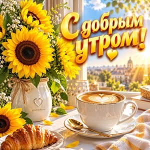 Открытка «С добрым утром!» с подсолнухами и кофе