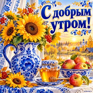 Открытка «С добрым утром!» с подсолнухами в синем кувшине