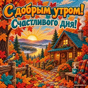Открытка «С добрым утром! Счастливого дня!» с уютным домиком у осеннего озера