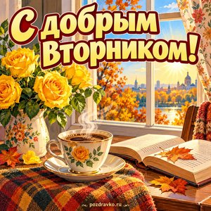 Открытка «С добрым вторником!» с кофе и жёлтыми розами