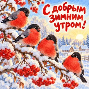 Открытка «С добрым зимним утром!» со снегирями