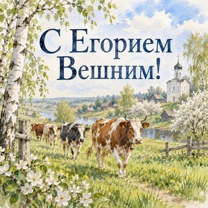 Открытка «С Егорием Вешним!» с первой травой в деревне