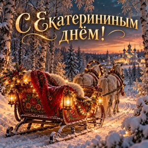Открытка «С Екатерининым днём!» с санями в зимнем лесу