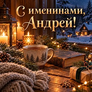 Открытка «С именинами, Андрей!» с чаем, книгой и свечами