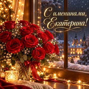 Открытка «С именинами, Екатерина!» с букетом красных роз у зимнего окна