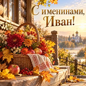 Открытка «С именинами, Иван!» с осенней корзиной