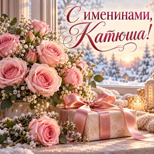 Открытка «С именинами, Катюша!» с розовыми розами и подарком