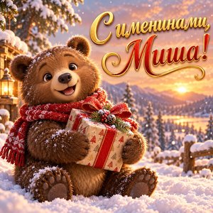 Открытка «С именинами, Миша!» с медвежонком и подарком