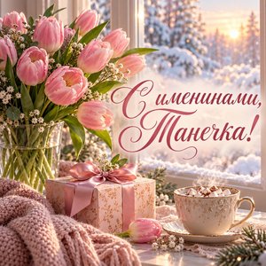 Открытка «С именинами, Танечка!» с тюльпанами и какао
