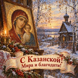 Открытка «С Казанской! Мира и благодати!» с деревенской церковью в ноябре