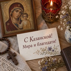 Открытка «С Казанской! Мира и благодати!» с тихим огнём лампады