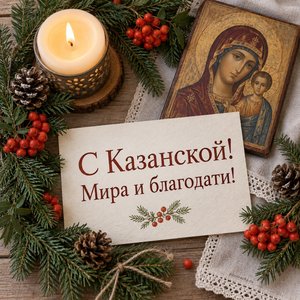 Открытка «С Казанской! Мира и благодати!» с венком из ели и рябины