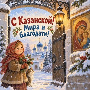 Открытка «С Казанской! Мира и благодати!» с воротами монастыря
