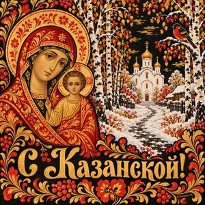 Открытка «С Казанской!» с берёзовой аллеей к храму