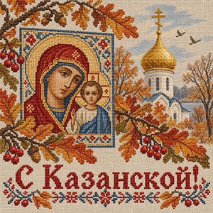 Открытка «С Казанской!» с куполом в дубовой листве
