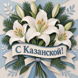 Открытка «С Казанской!» с лилиями и еловыми ветками