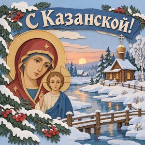 Открытка «С Казанской!» с мостиком и часовней