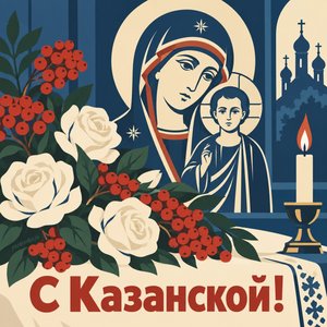 Открытка «С Казанской!» с рябиной и белыми розами