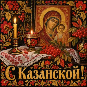 Открытка «С Казанской!» со свечой и лампадой