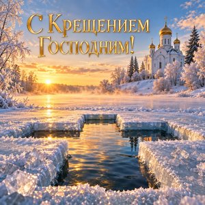 Открытка «С Крещением Господним!» с иорданью на реке