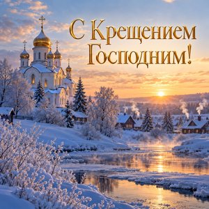 Открытка «С Крещением Господним!» с сельским храмом на рассвете